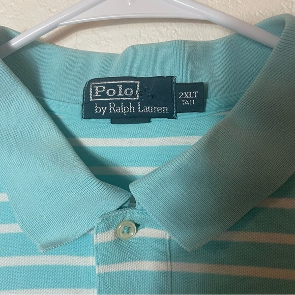 Vintage Polo Ralph Lauren Baby Blue Striped Yellow Pony Polo Shirt sz XXLT 2XLT - Picture 3 of 7